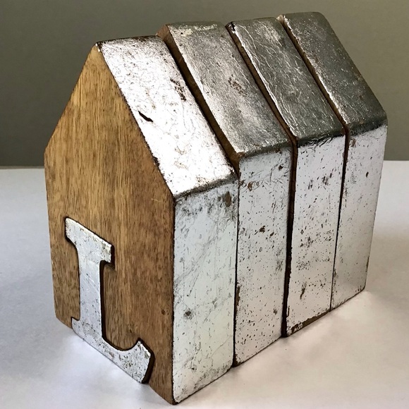 Decorative Tabletop Sign LOVE House Shape Wood Cutout Blocks Silver Metallic - Picture 8 of 8